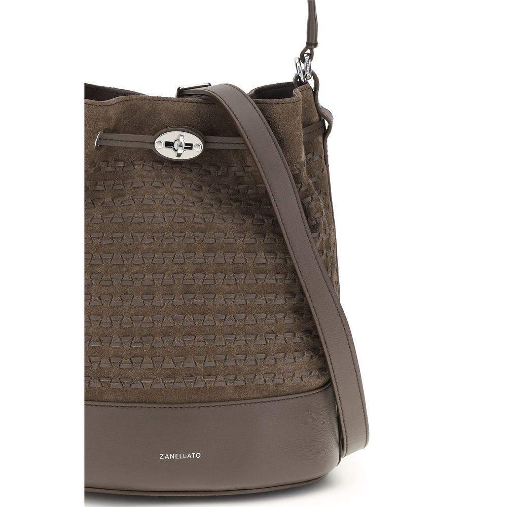 Brown Leather Mondà Bucket Bag with Drawstring Closure