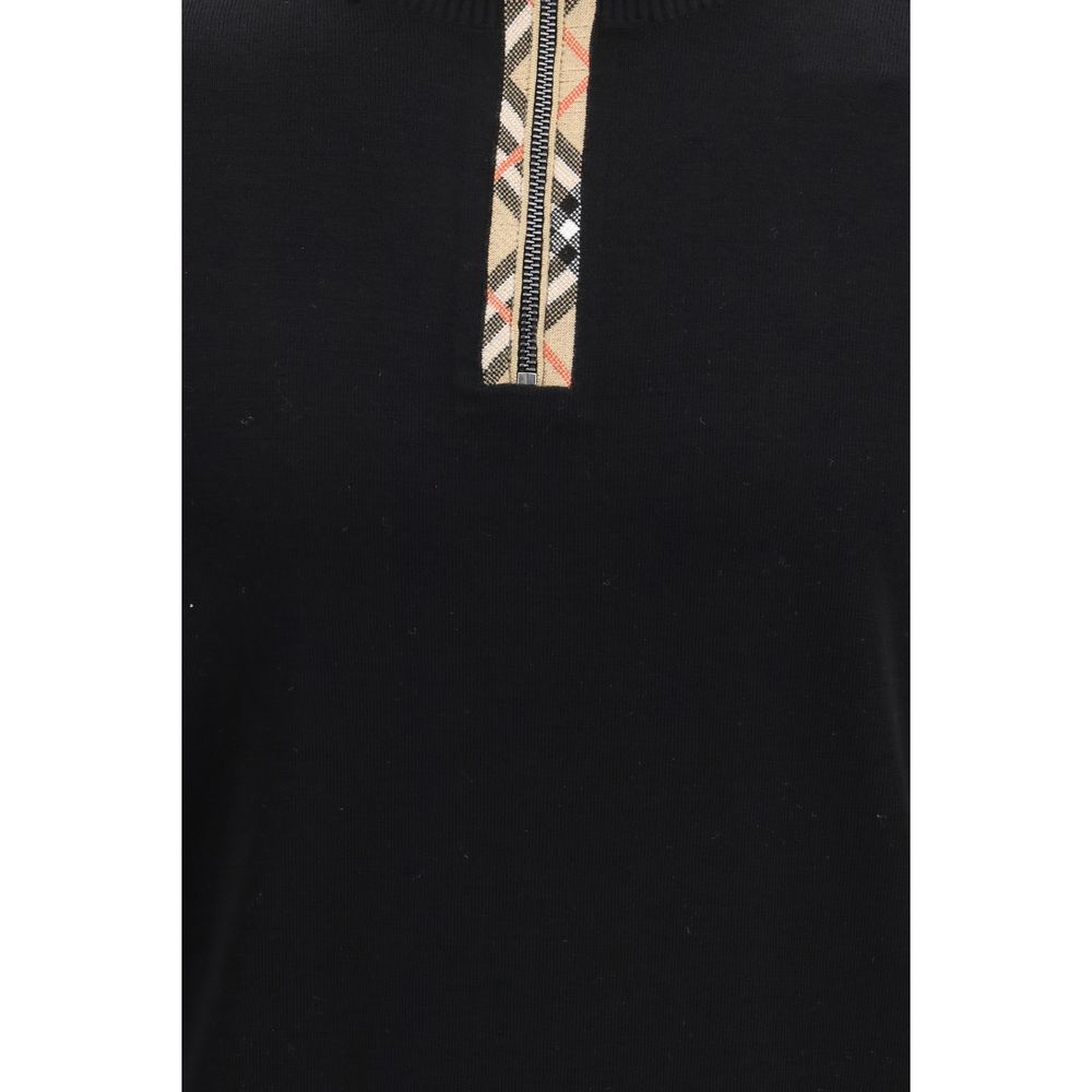 Black Wool Sweater with Burberry Check Zipper