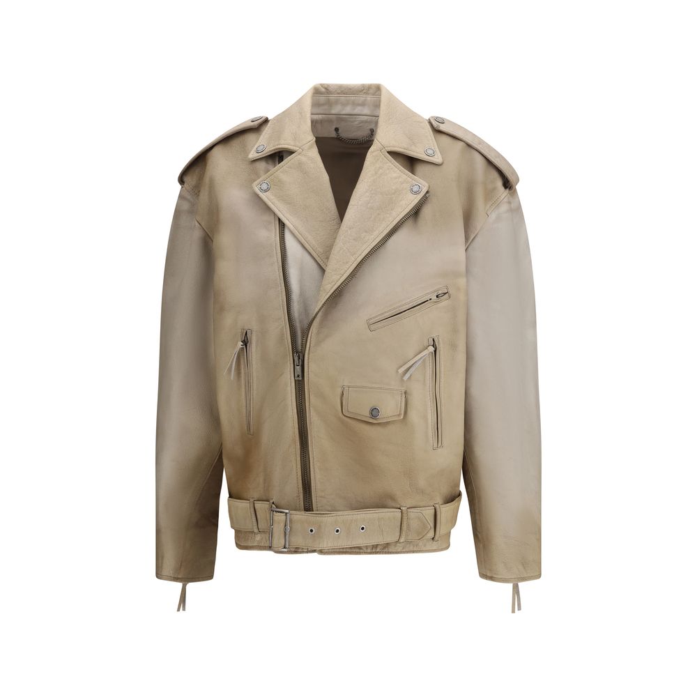 Beige Leather Biker Jacket with Vintage Effect