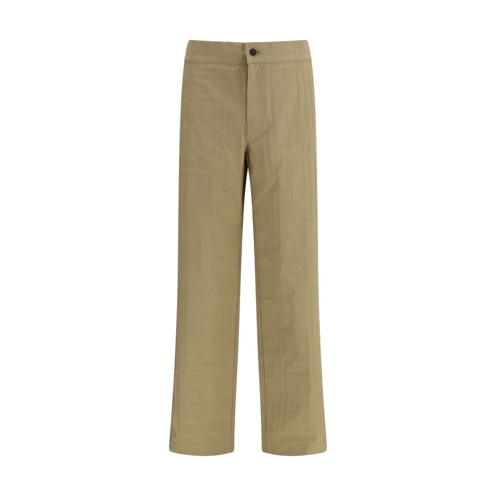 Beige Cotton Pants with Textured Check Pattern