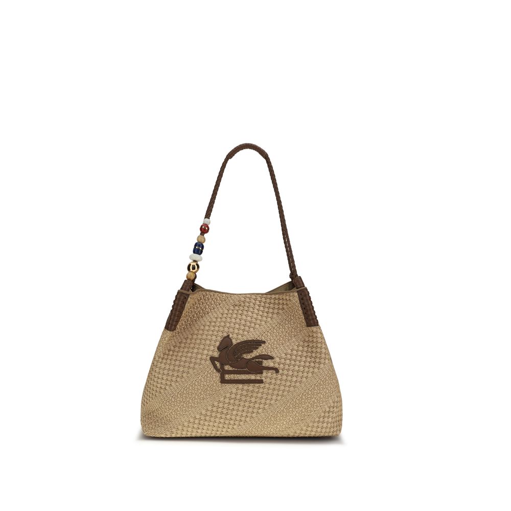 Beige Raffiaschultertasche mit Ledergriffen von Etro