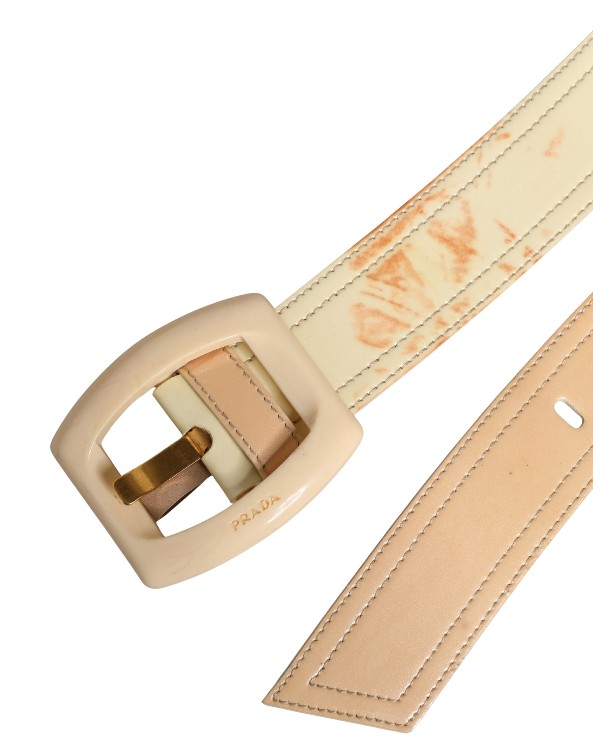 Beige Leather Waist Belt with Square Buckle