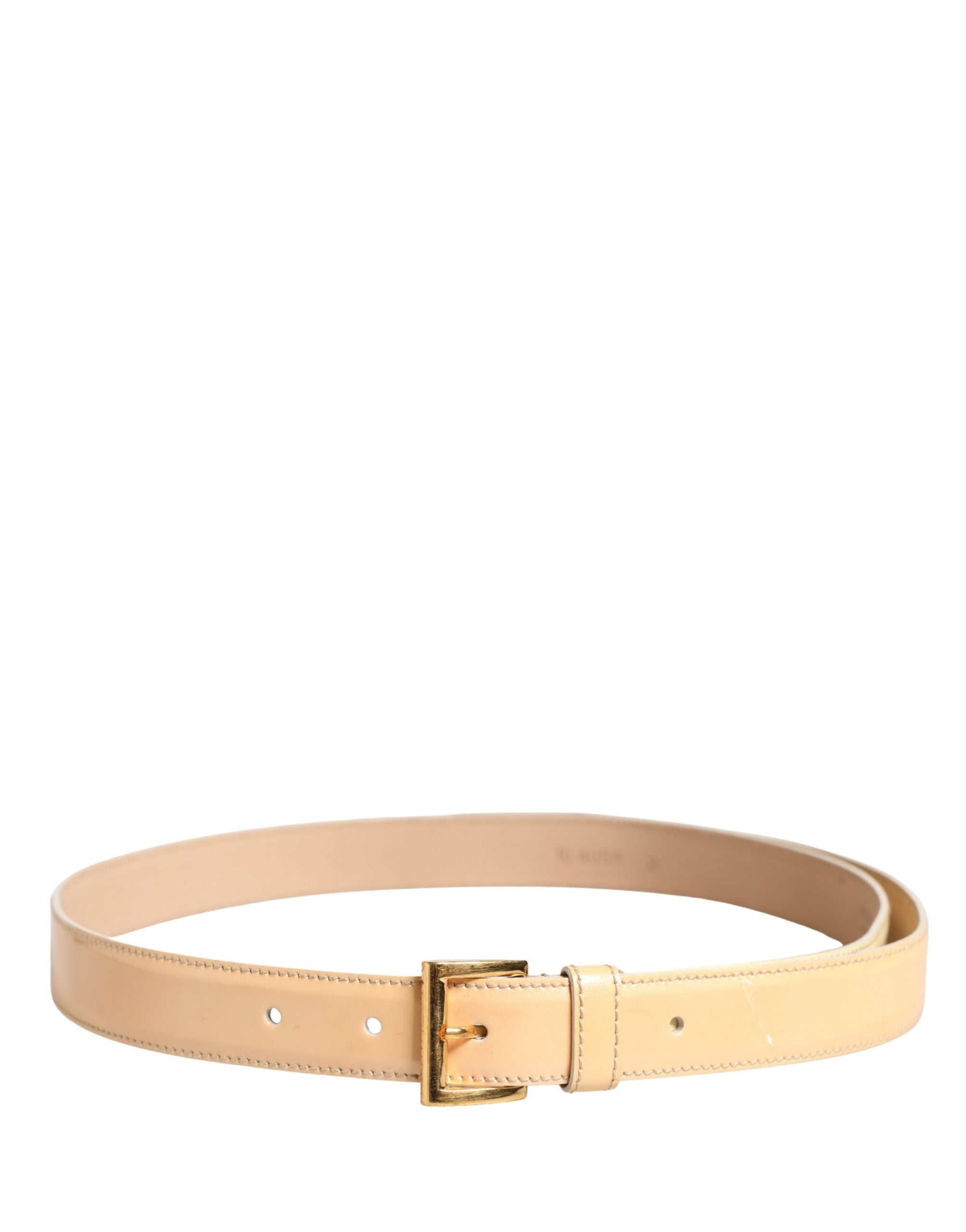 Beige Leather Waist Belt with Gold Logo Buckle
