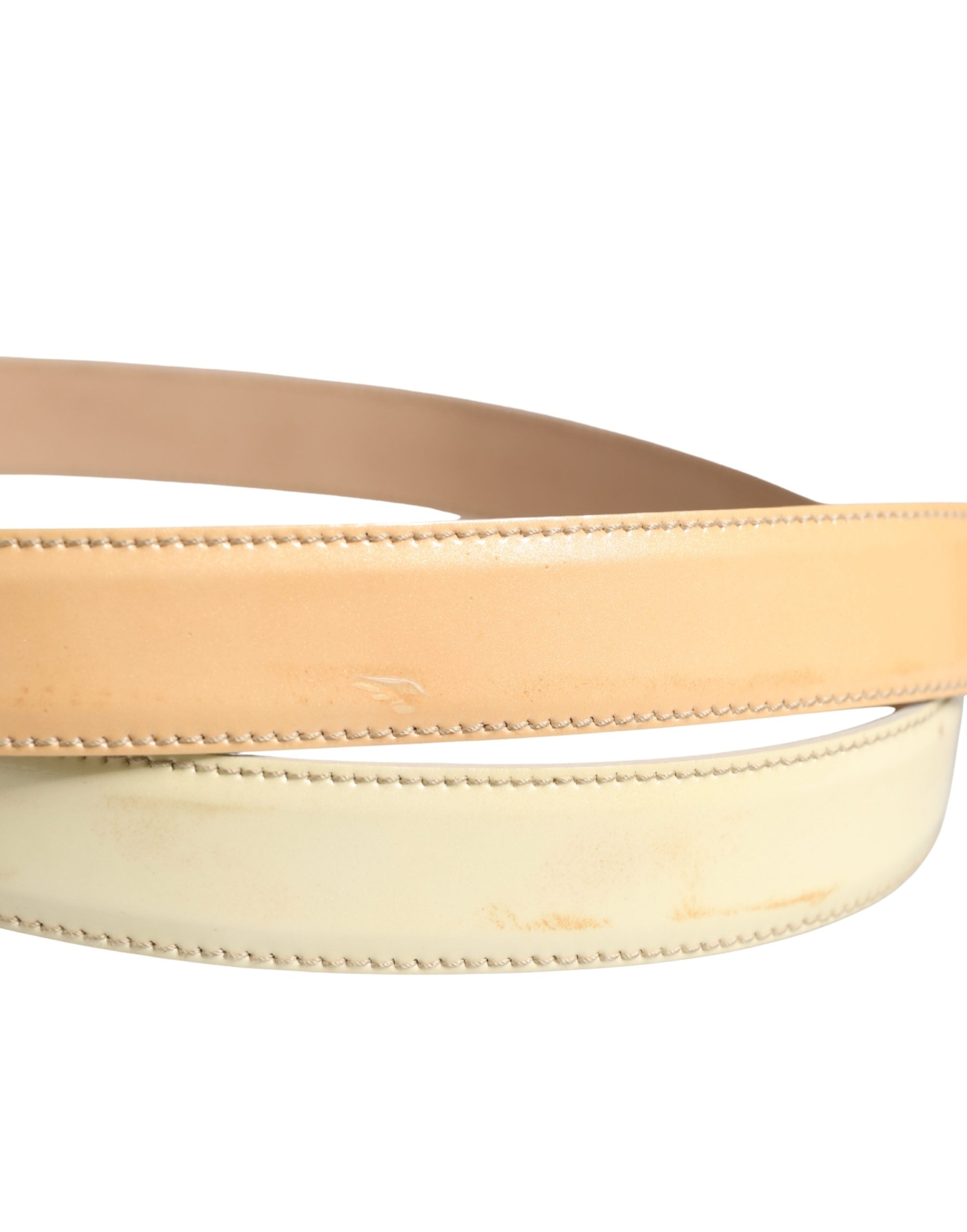 Beige Leather Waist Belt with Gold Logo Buckle