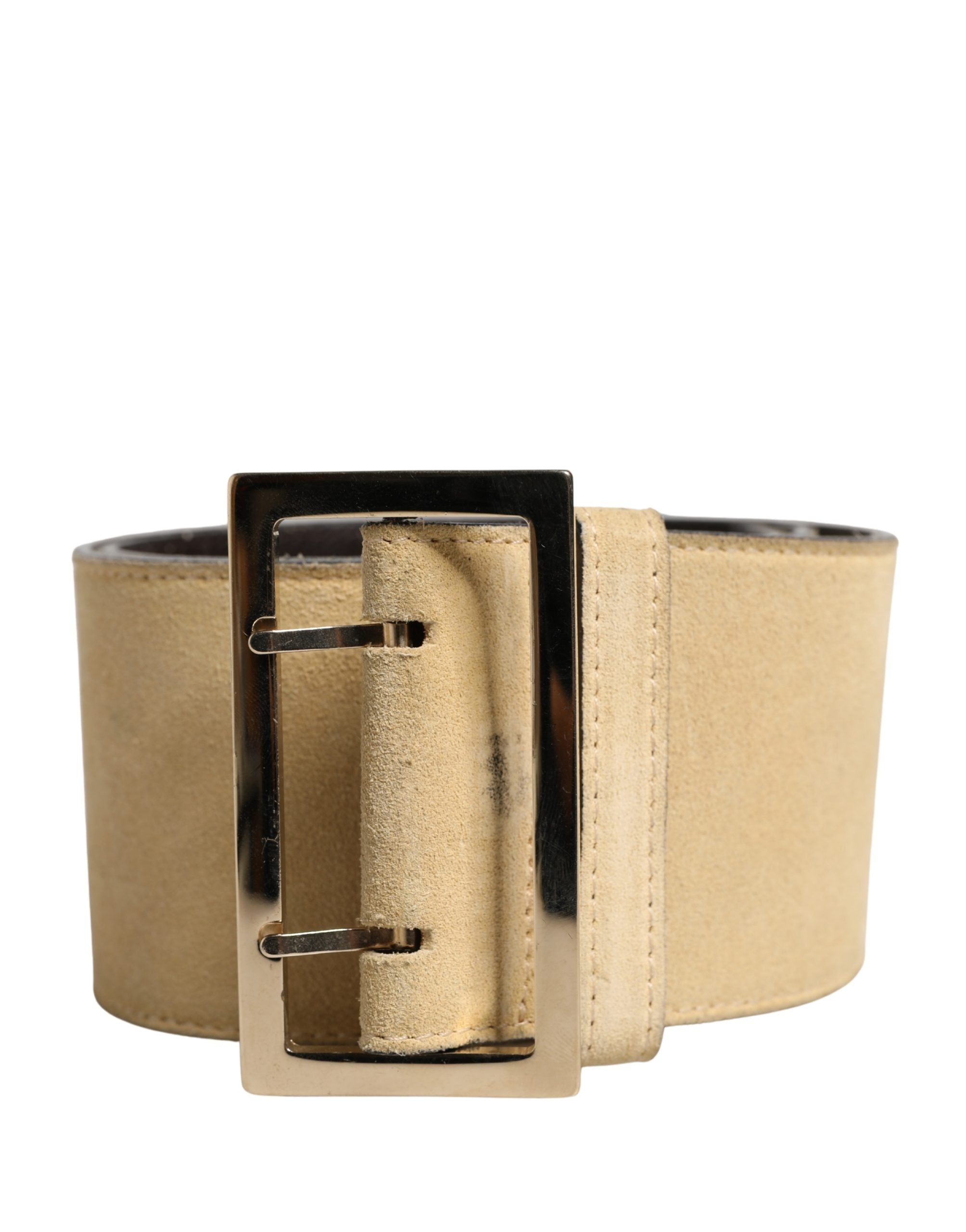 Beige Leather Belt with Silver Metal Buckle