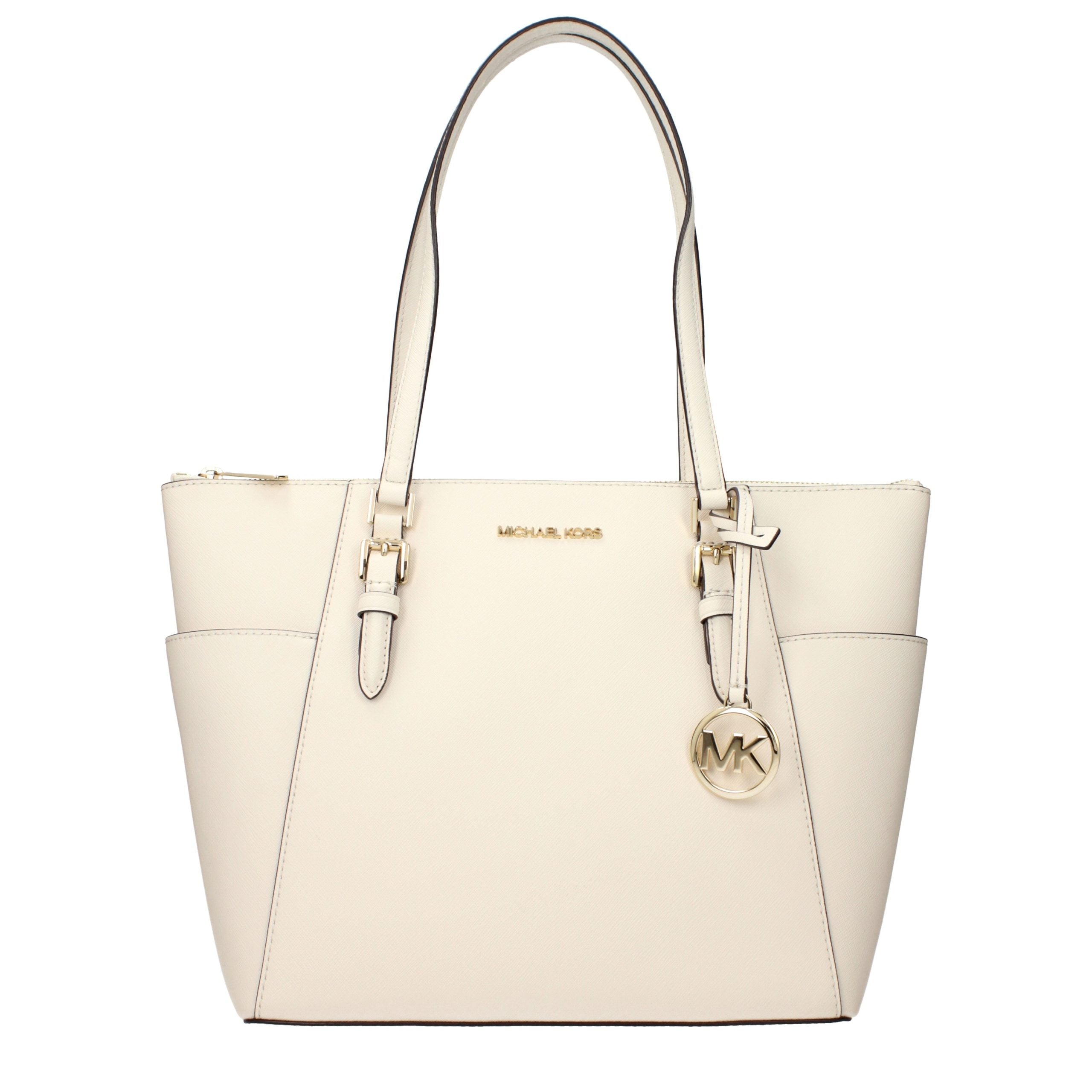 Beige Leather Shoulder Bag with Front Logo Detail