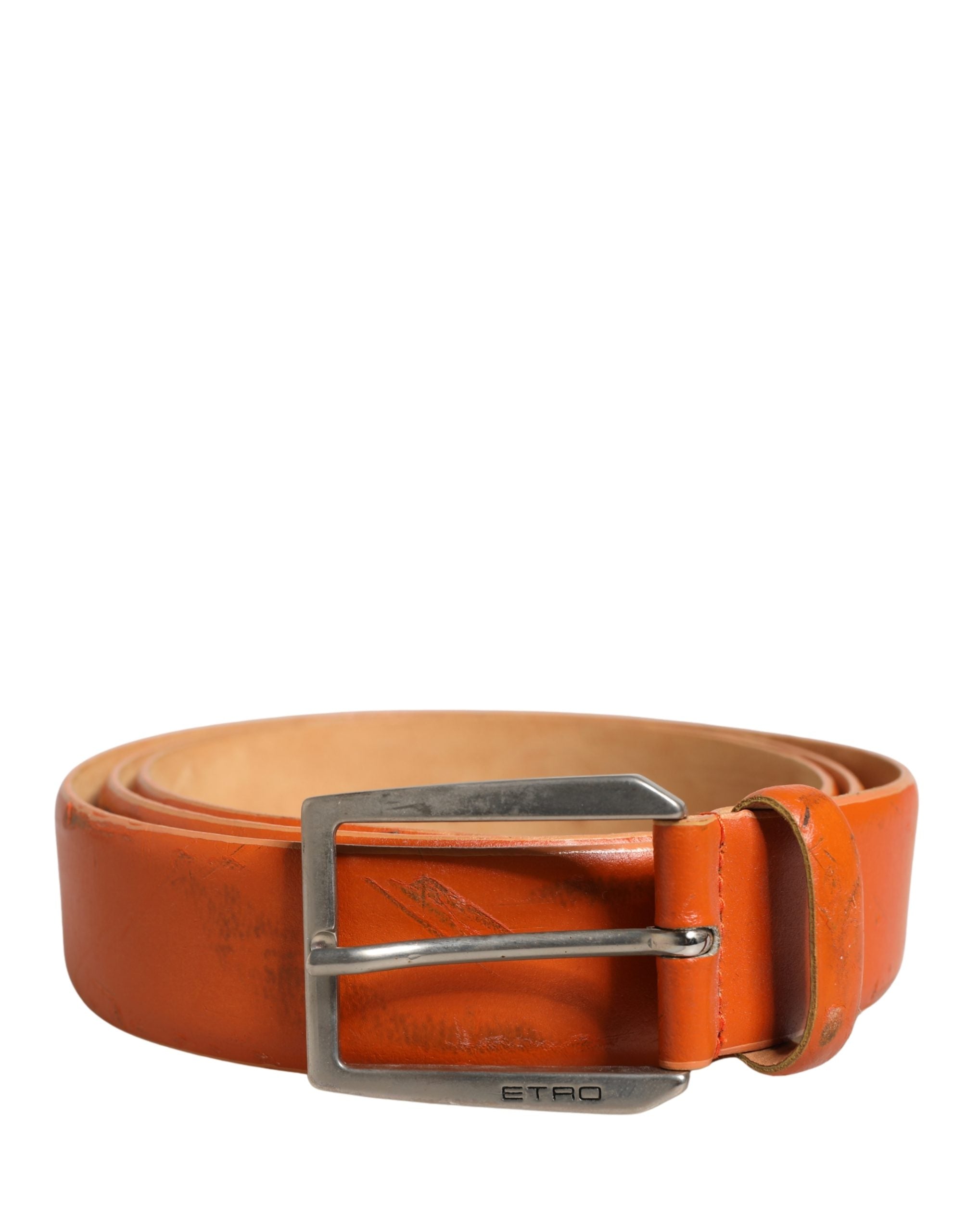 Orange Leather Belt with Silver Metal Buckle