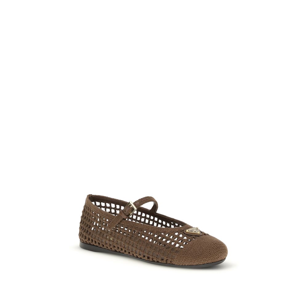 Brown Cotton Prada Ballet Flats with Logo Buckle