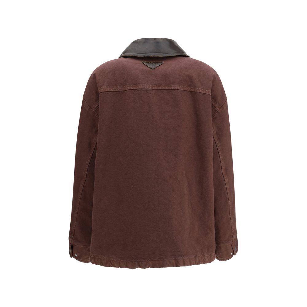 Brown Cotton Peacoat with Leather Collar