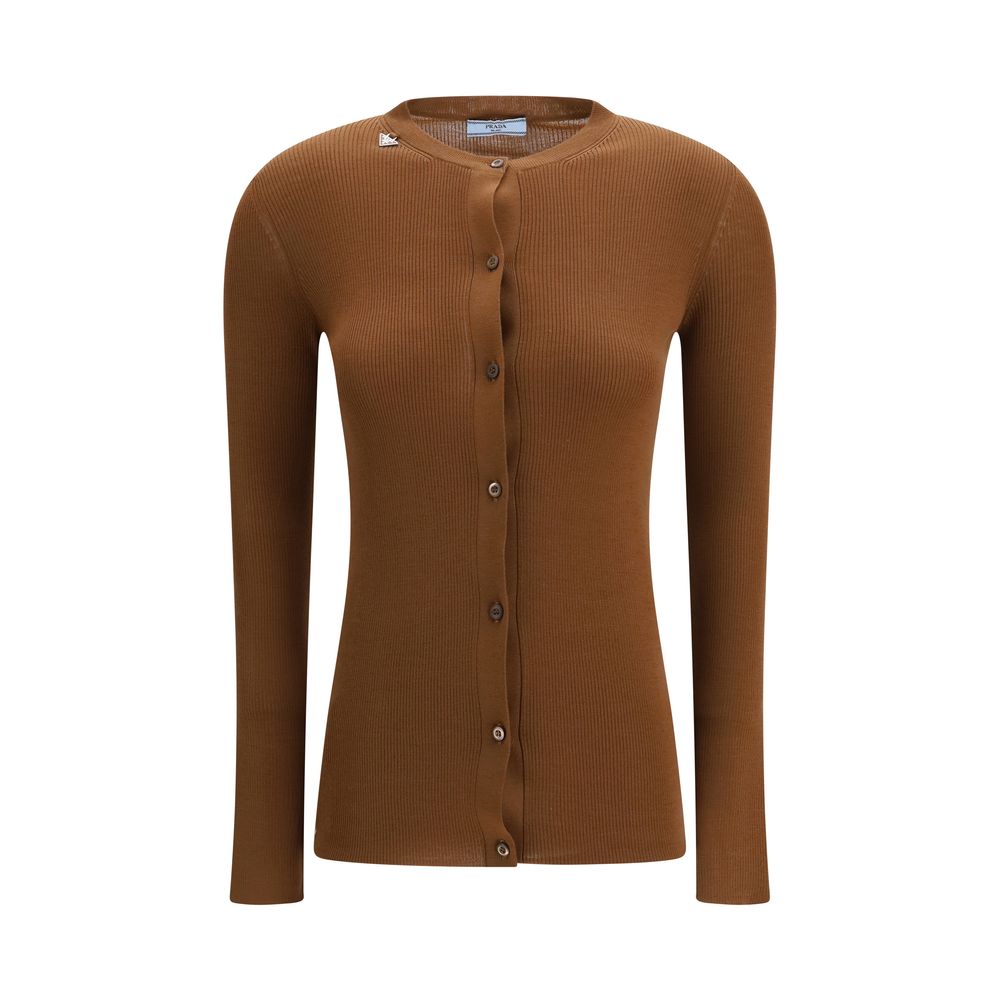 Brown Wool Cardigan with Button Closure and Crew Neck