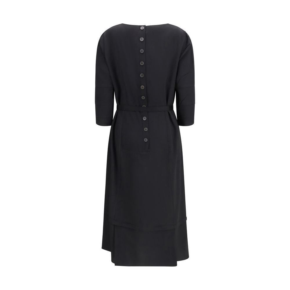Schwarzes Midi-Kleid aus Wolle und Seide mit Gürtel