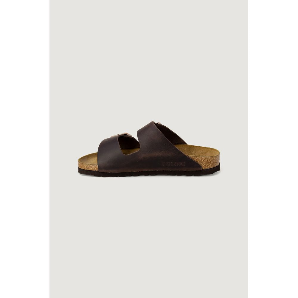 Brown Synthetic Slide Sandals with Buckle Detail