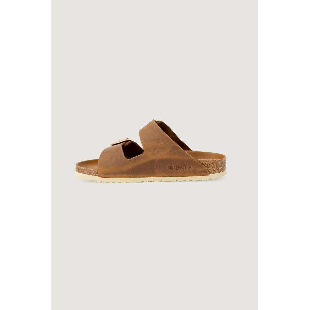Brown Leather Slide Sandals with Buckle Detail