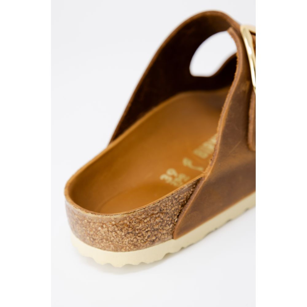 Brown Leather Slide Sandals with Buckle Detail