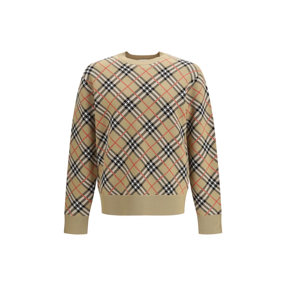 Beige Wollpullover mit Hahnentrittmuster und Rippenbündchen