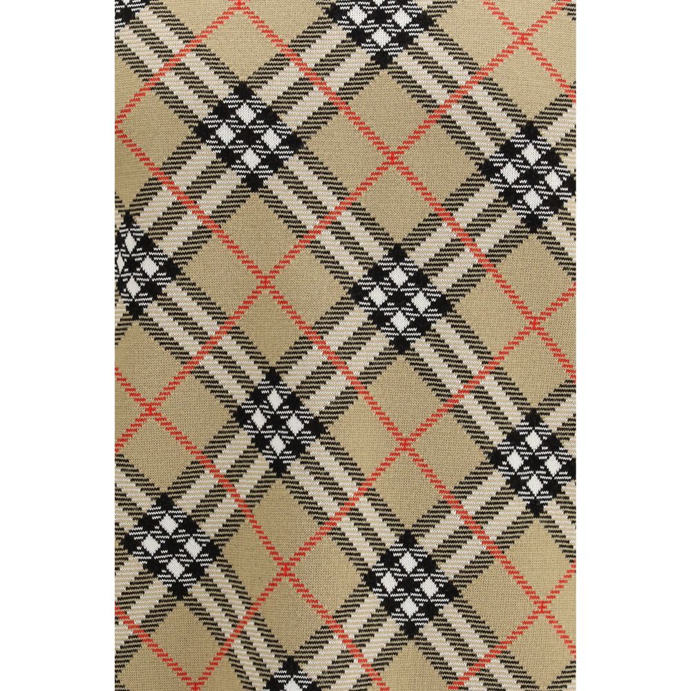 Beige Wool Sweater with Iconic Check and Ribbed Edges