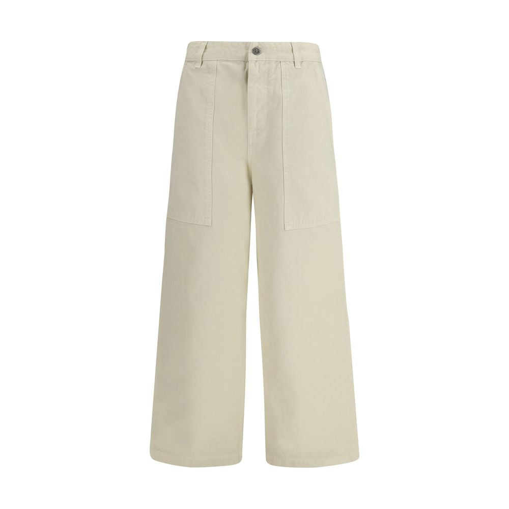 Beige Cotton Pants with Leather Logo Patch