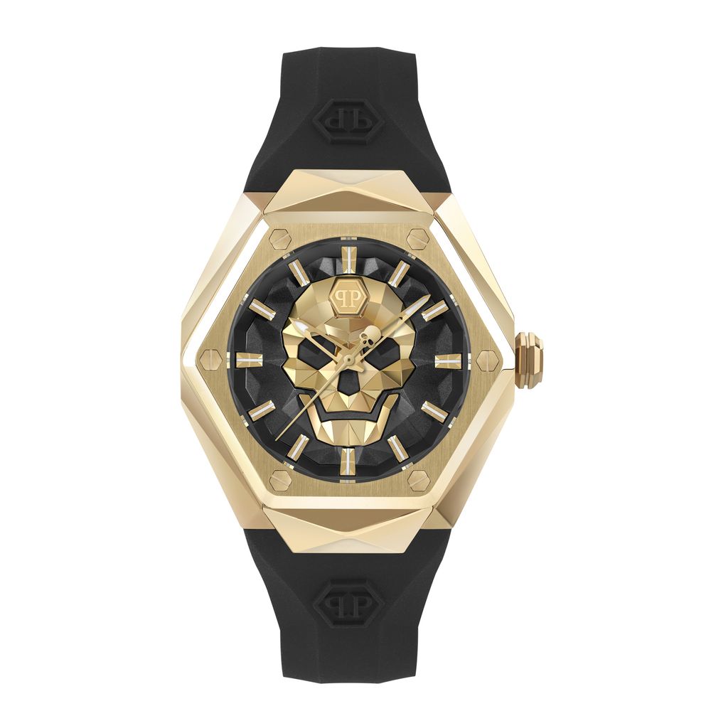 Schwarze, synthetische Armbanduhr mit goldenem Gehäuse und Totenkopf-Spikes