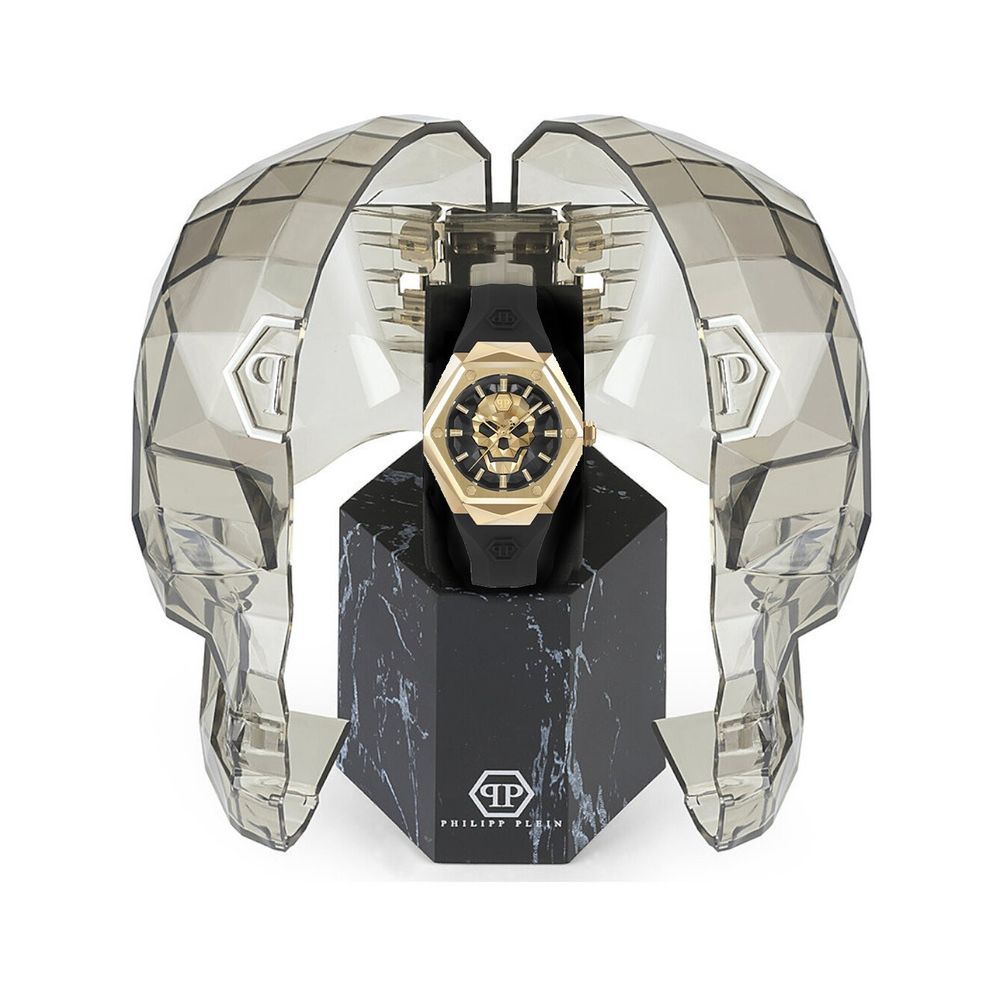 Black Synthetic Dress Watch with Gold Case and Skull Spikes