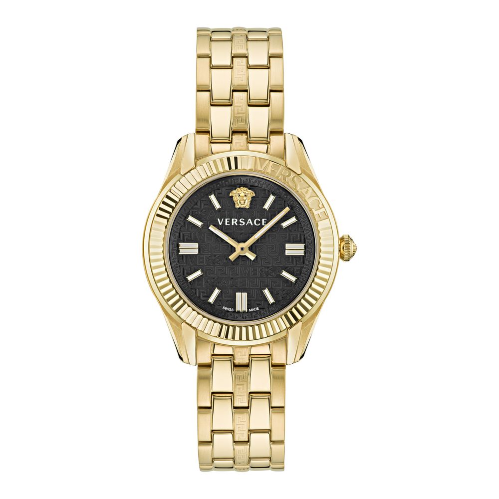 Gold Dress Watch with Black Dial and Synthetic Band