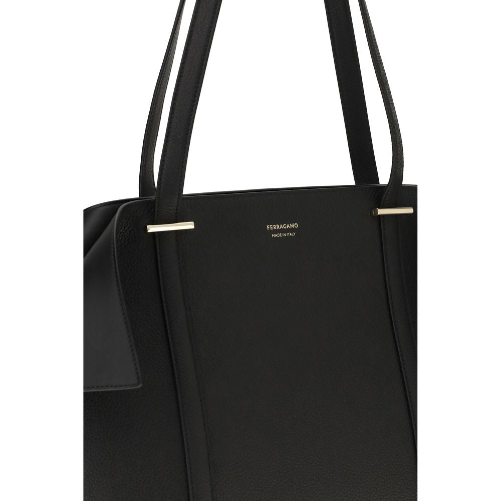 Black Leather Tote Bag with Gancini Detail