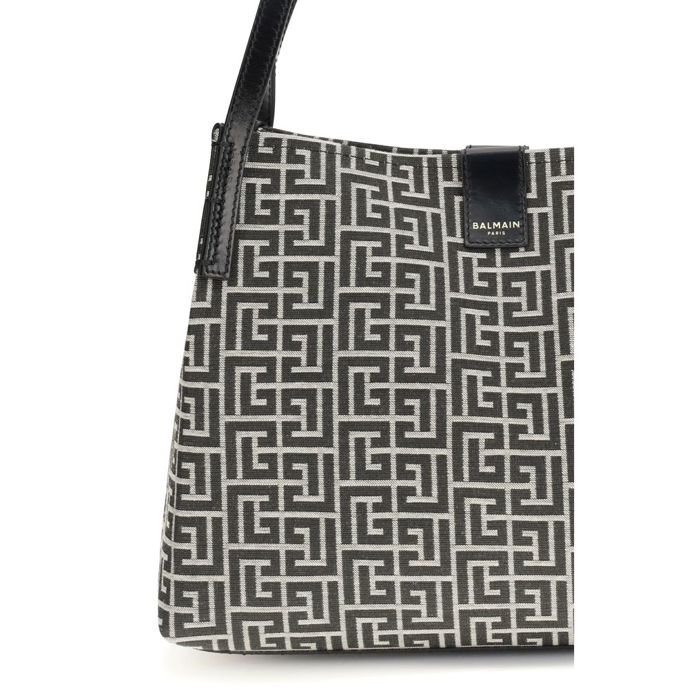Black Cotton and Leather Tote Bag with Geometric Pattern