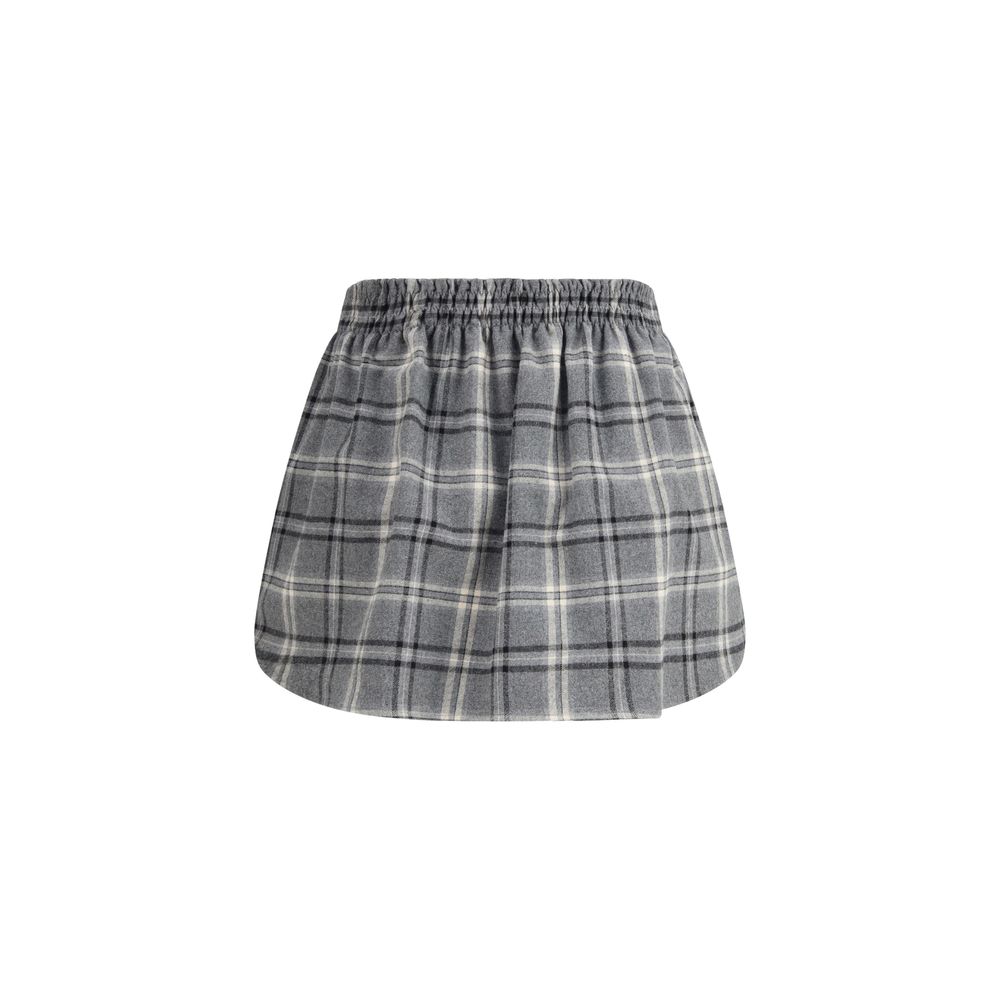 Gray Cotton Check Mini Skirt with Leather Logo