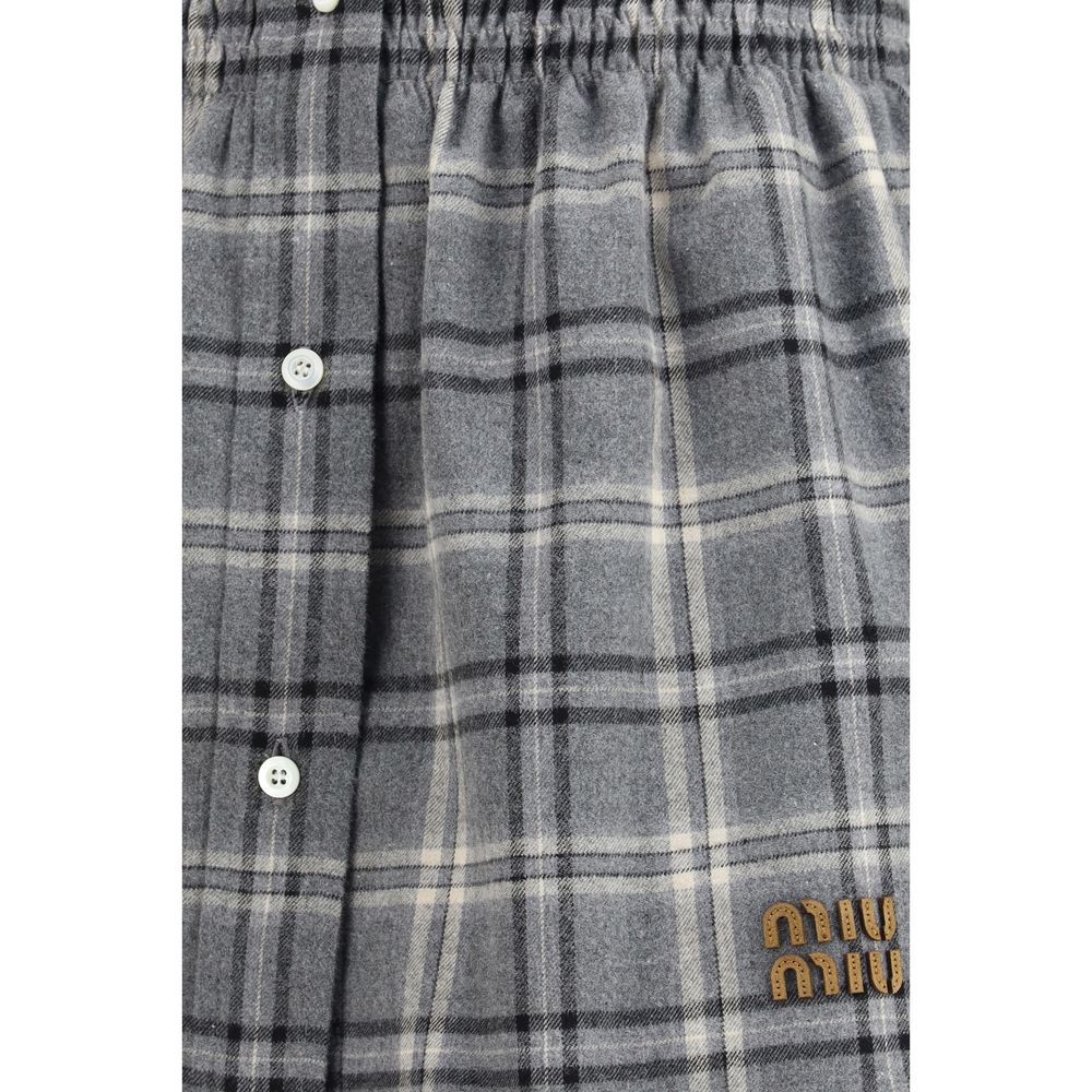 Gray Cotton Check Mini Skirt with Leather Logo Detail