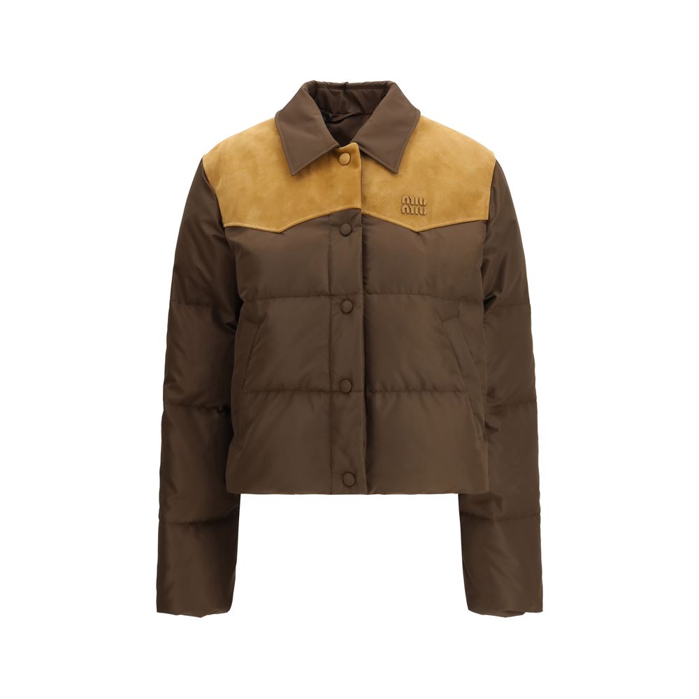 Brown Synthetic Full-Length Puffer Jacket with Leather Details