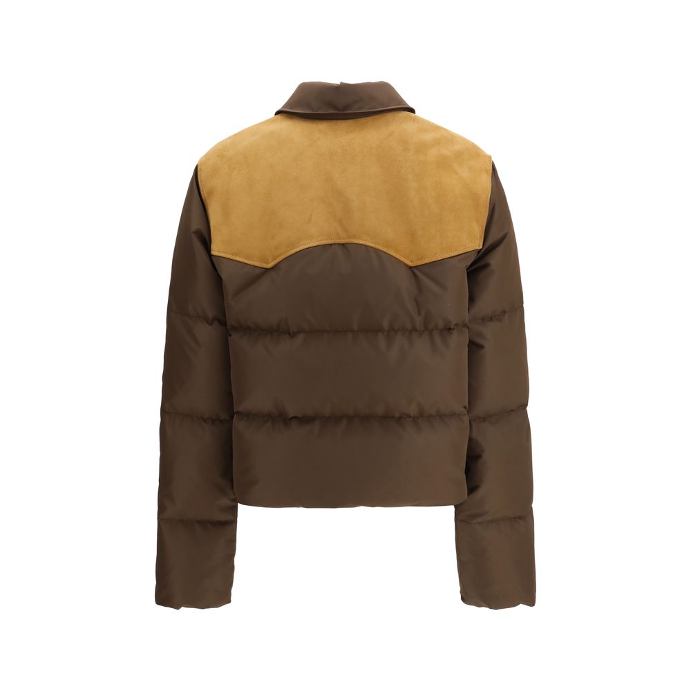 Brown Synthetic Full-Length Puffer Jacket with Leather Details