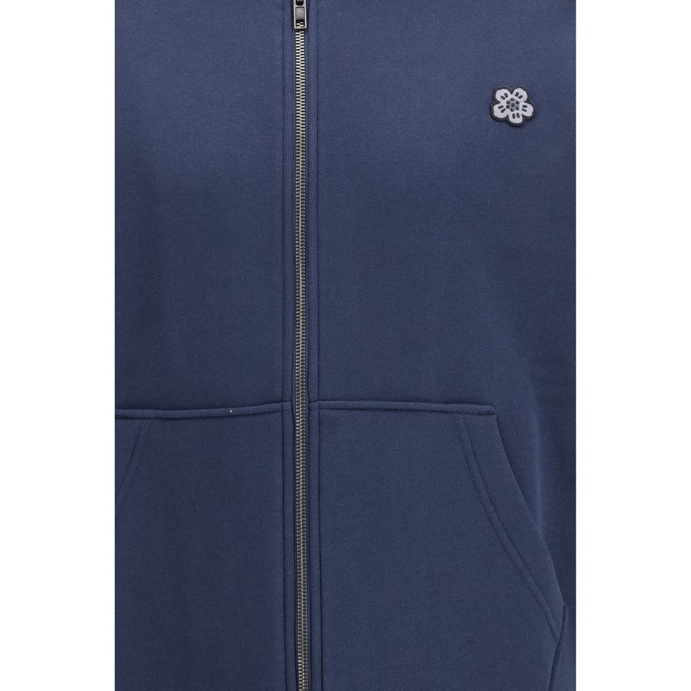 Blue Cotton Hoodie with Boke Flower Embroidered Crest