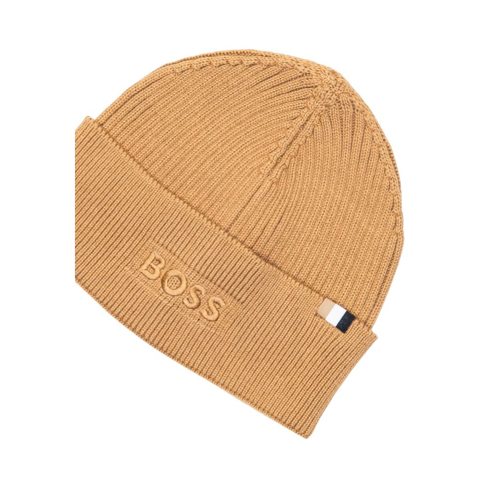 Beige Beanie aus Baumwolle und Wolle mit gesticktem Logo