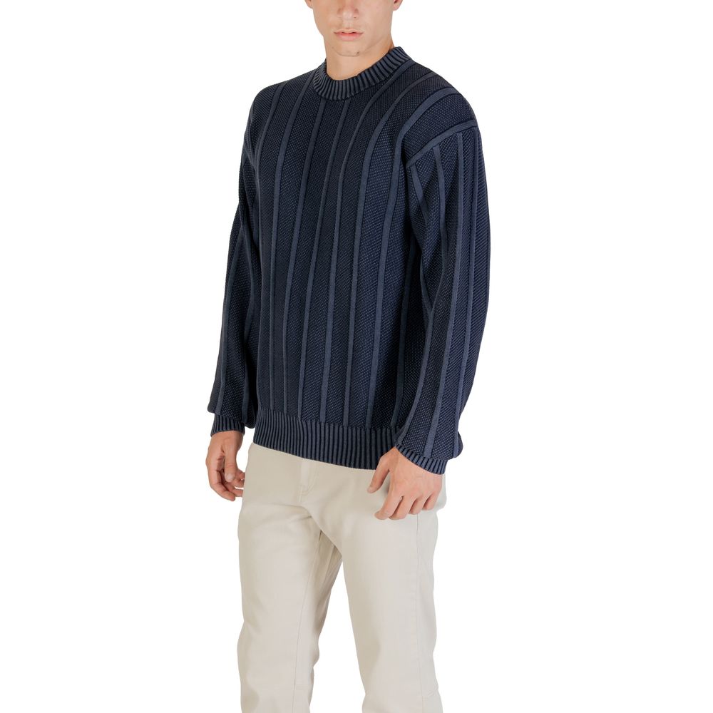 Blue Cotton Crew Neck Sweater with Ribbed Knit