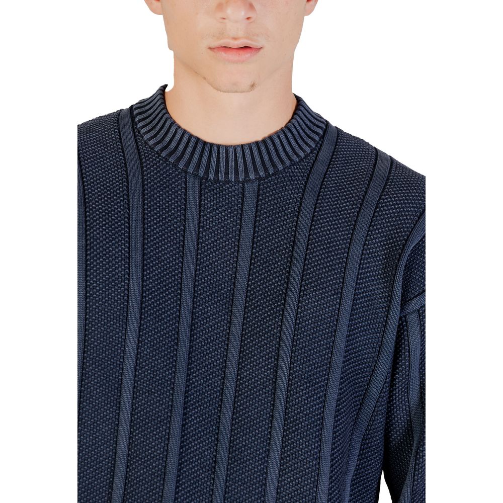 Blue Cotton Crew Neck Sweater with Ribbed Knit