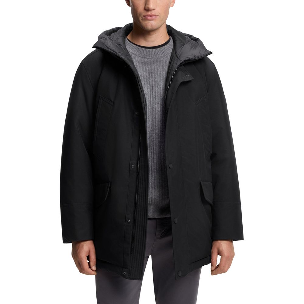 Schwarze, synthetische, knöchellange Jacke mit Kapuze