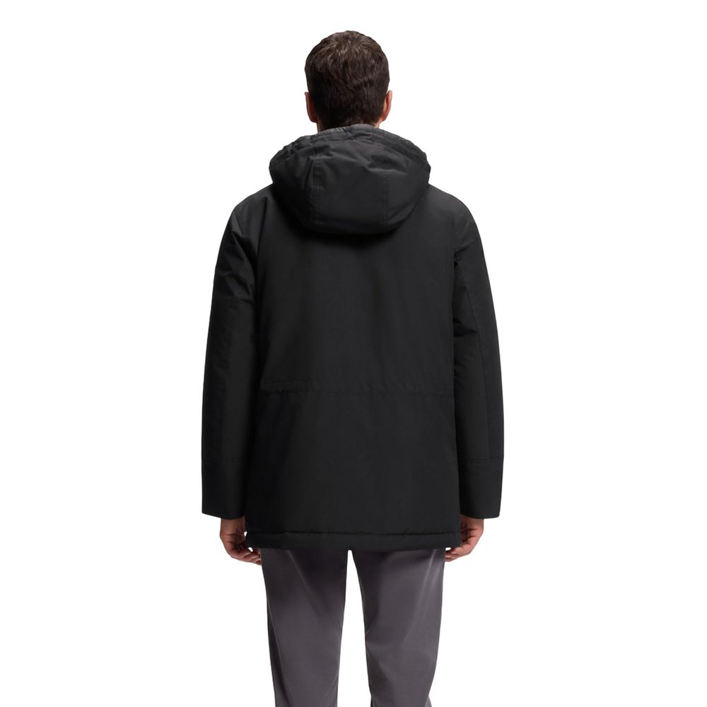 Schwarze, synthetische, knöchellange Jacke mit Kapuze