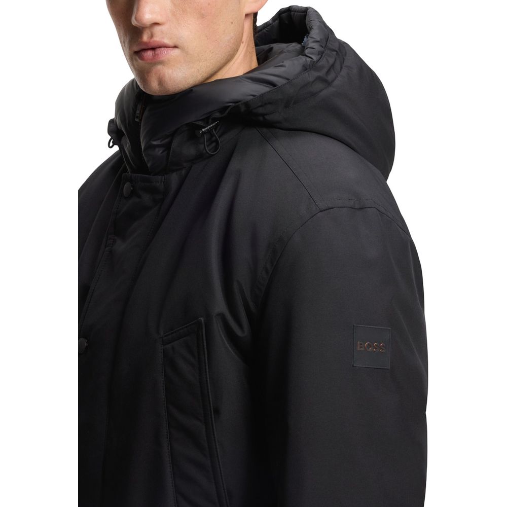 Black Synthetic Full-Length Jacket with Adjustable Hood