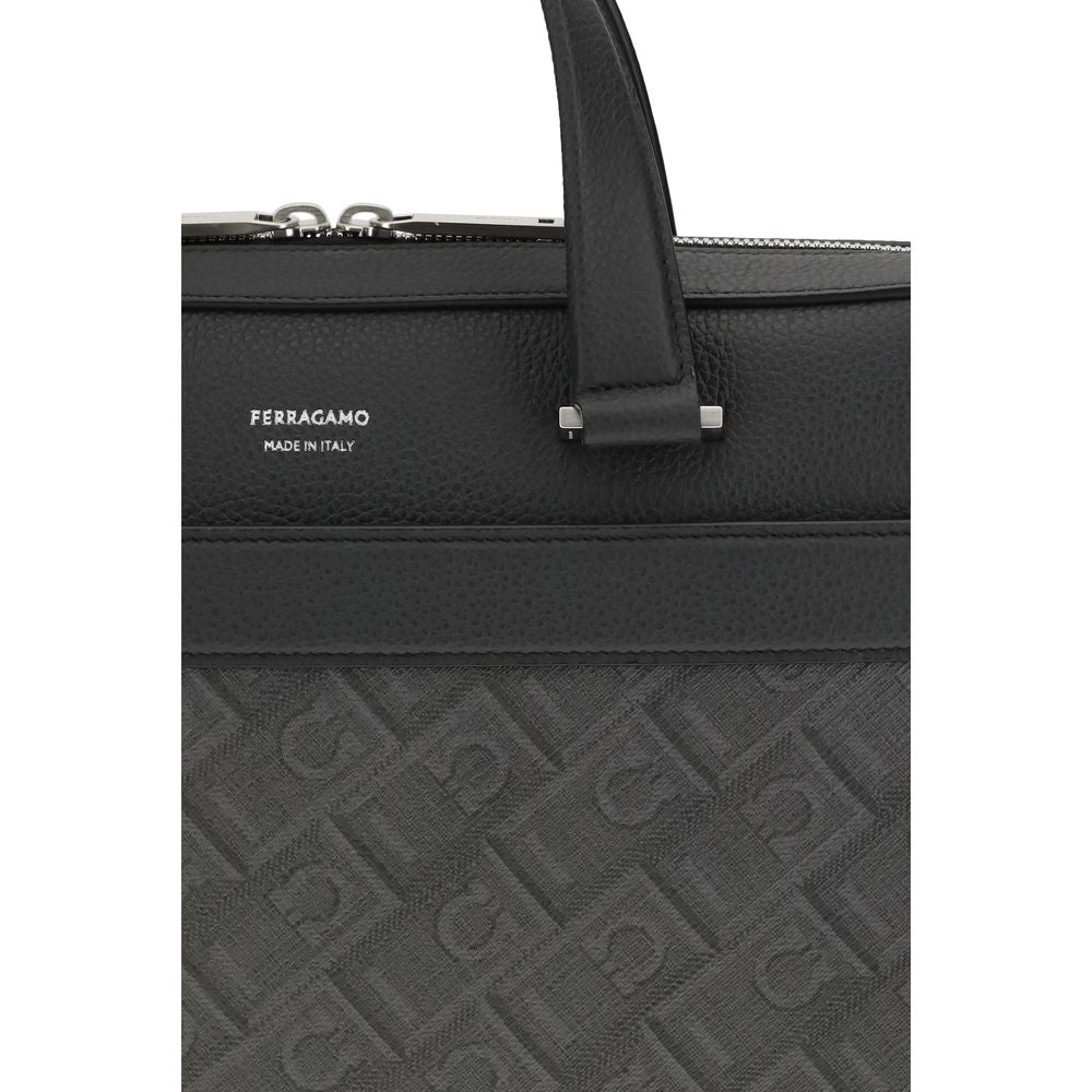 Gray Leather Briefcase with Monogram Canvas Panels