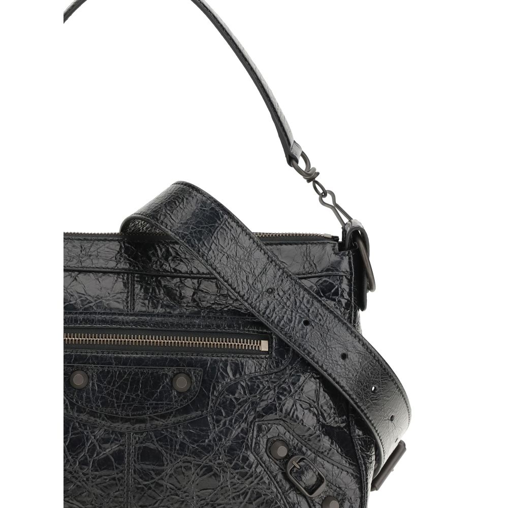 Black Leather Shoulder Bag with Brass Hardware