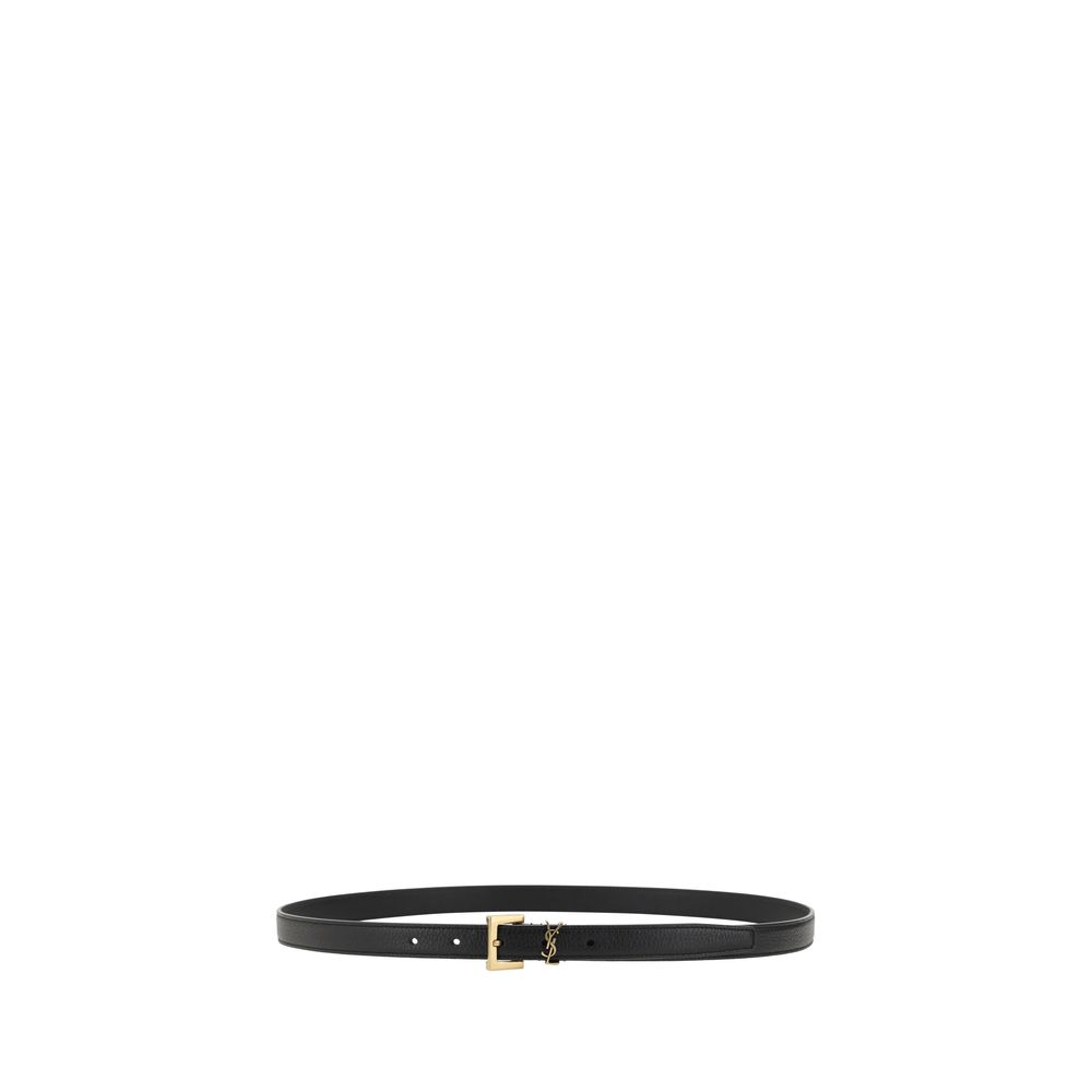 Schwarzer Ledergürtel mit YSL-Logo und eckiger Schnalle