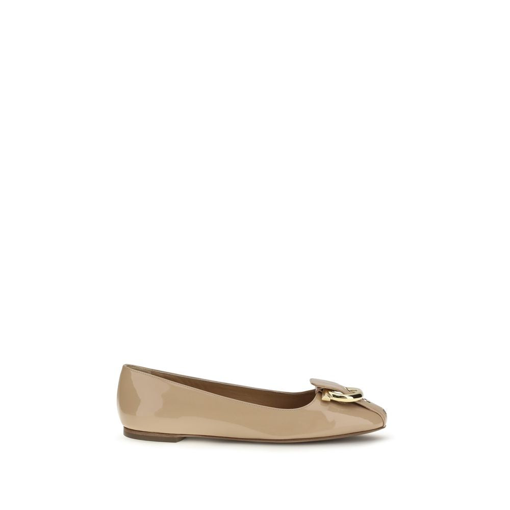 Beige Leather Ballet Flats with Gancini Buckle