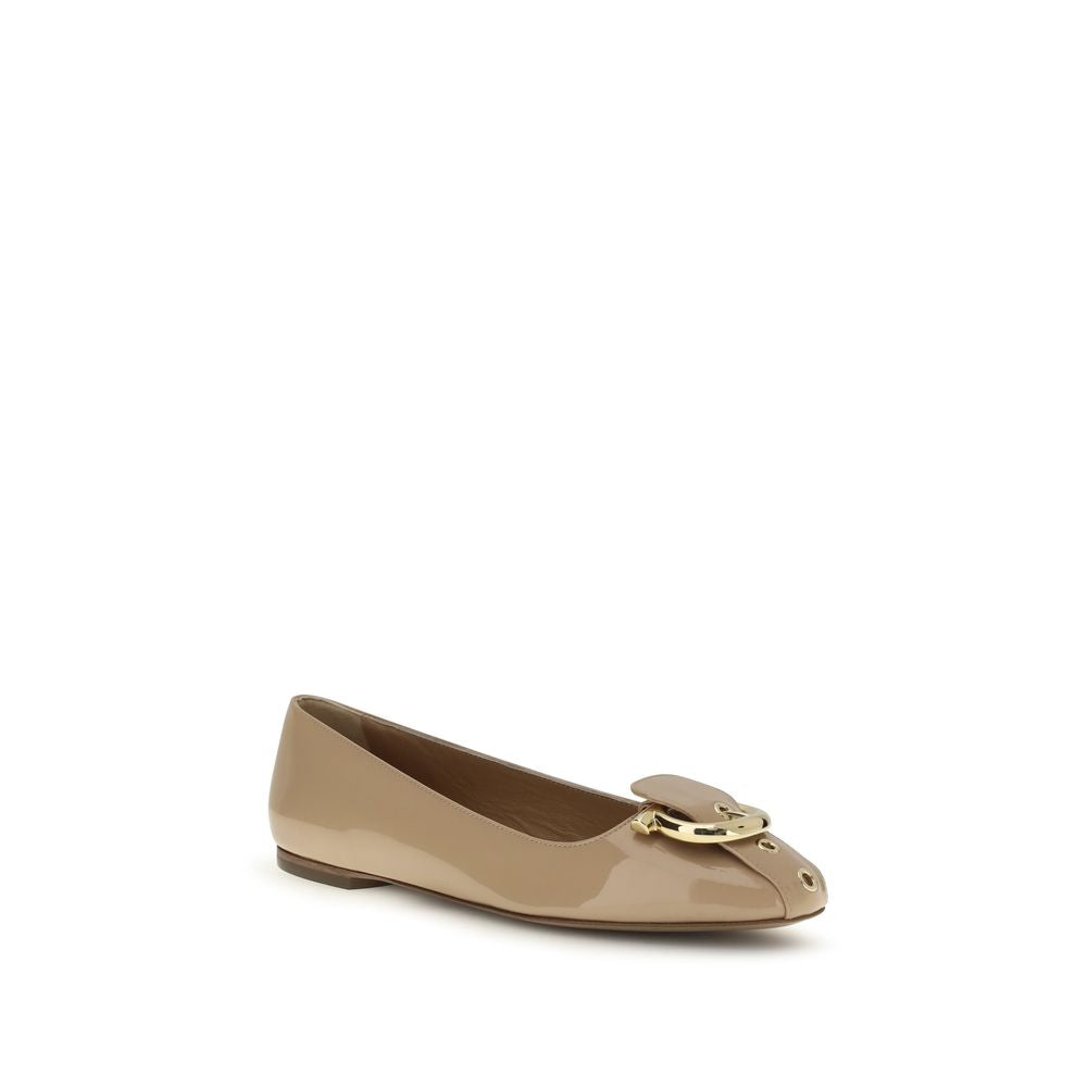 Beige Leather Ballet Flats with Gancini Buckle