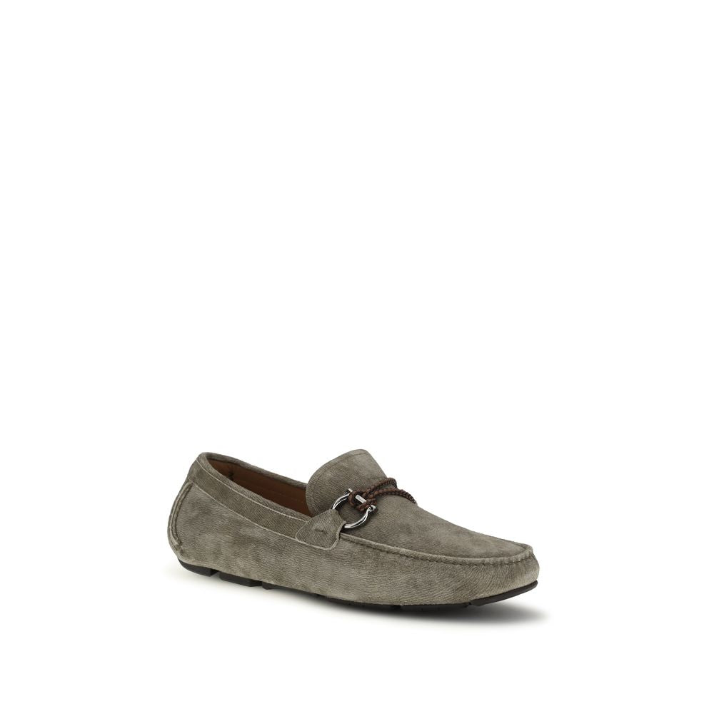 Gray Leather Slip-On Loafers with Gancini Detail