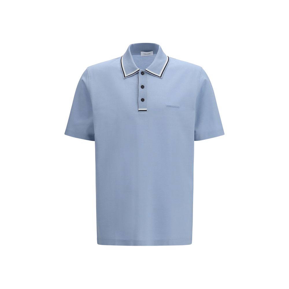 Blue Cotton Polo Shirt with Collar Trim