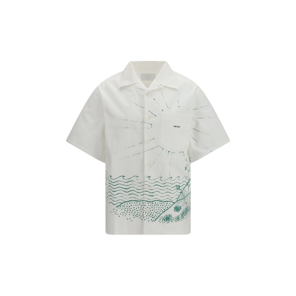 White Cotton Shirt with Wave Pattern by Prada