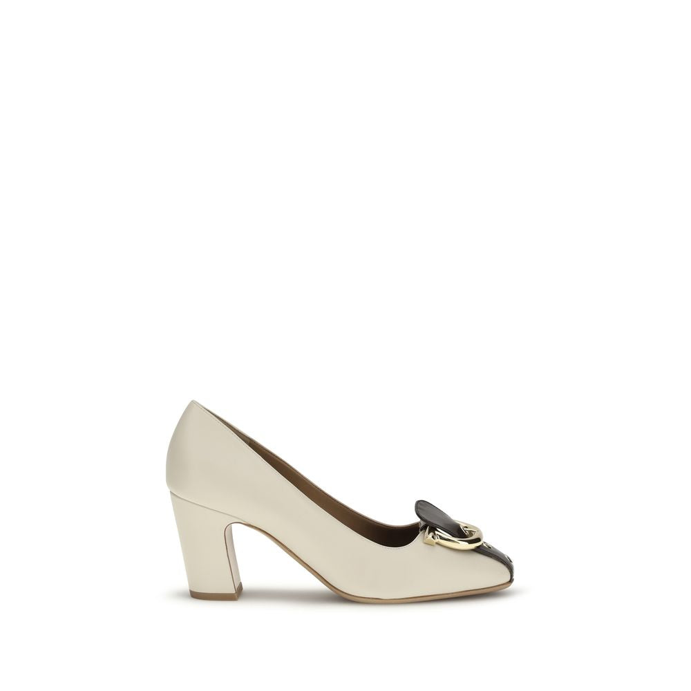 Beige Leather High Heel Pumps with Gancini Charm
