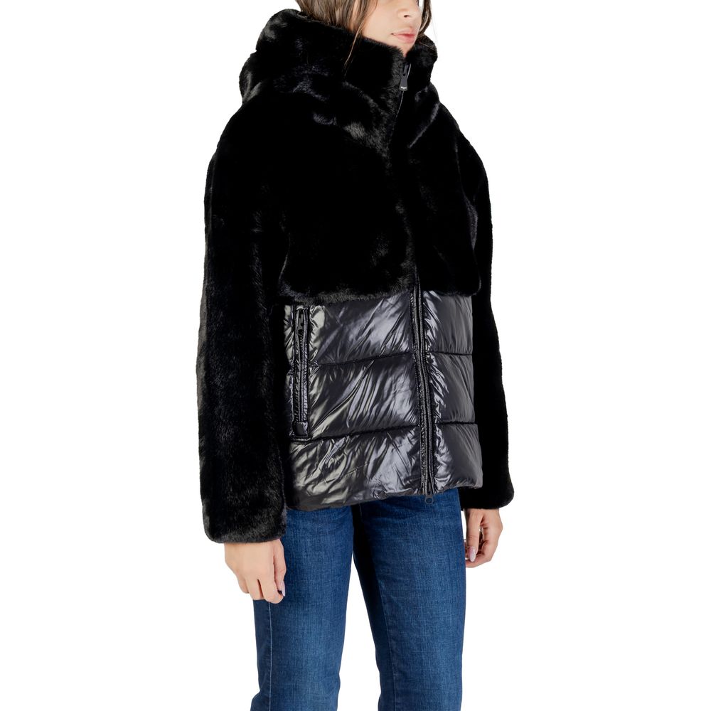 Black Synthetic Coat with Faux Fur and Quilted Design
