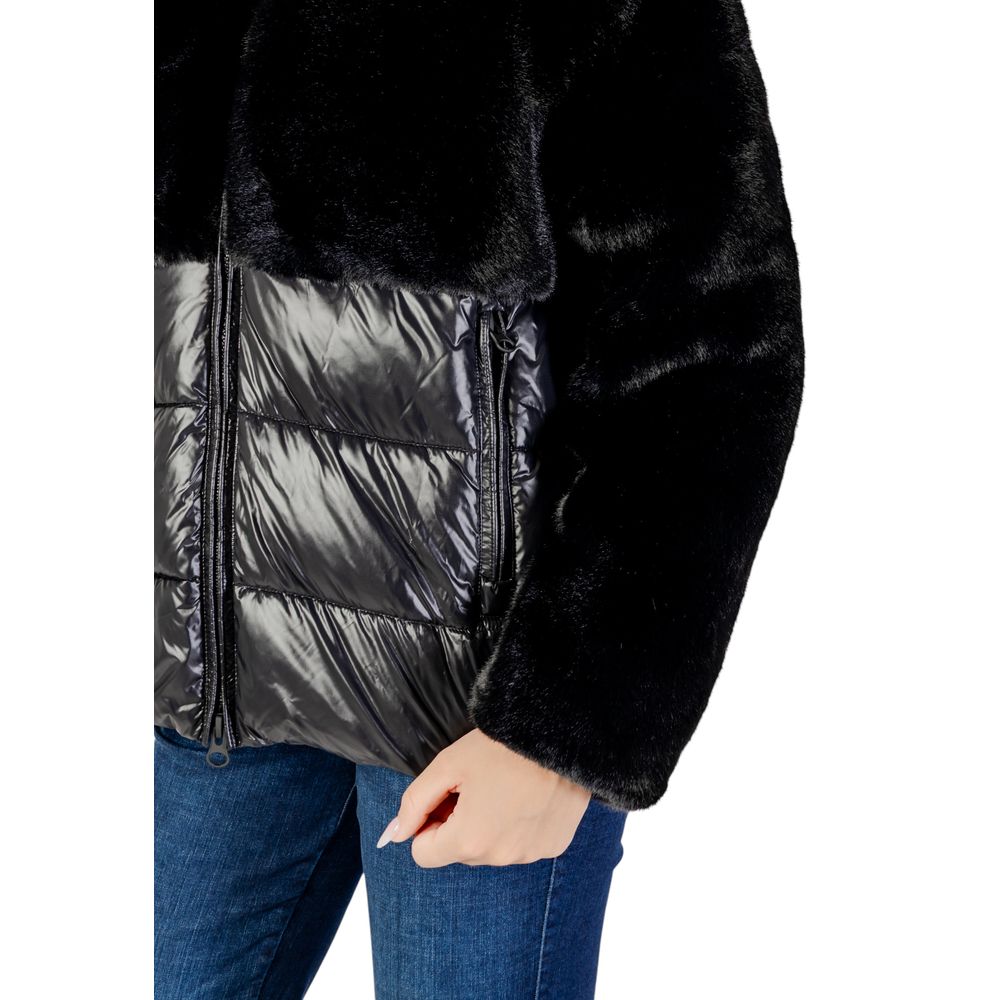 Black Synthetic Coat with Faux Fur and Quilted Design