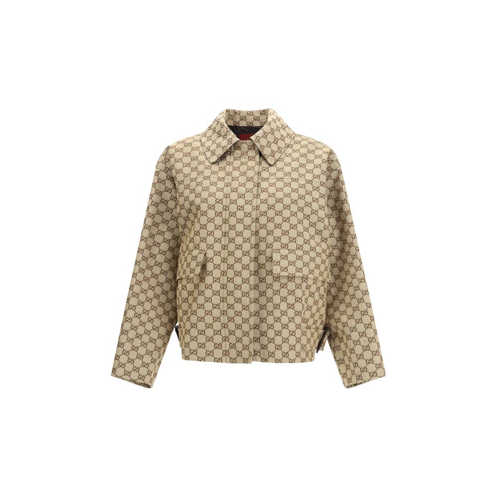 Beige Cotton Bomber Jacket with GG Canvas Pattern
