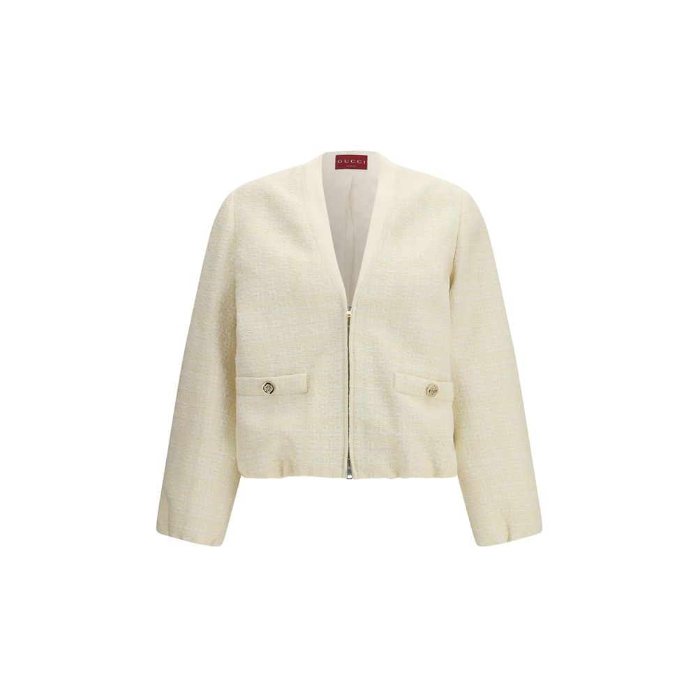 Beige Cotton Bomber Jacket with Tonal Check Embroidery
